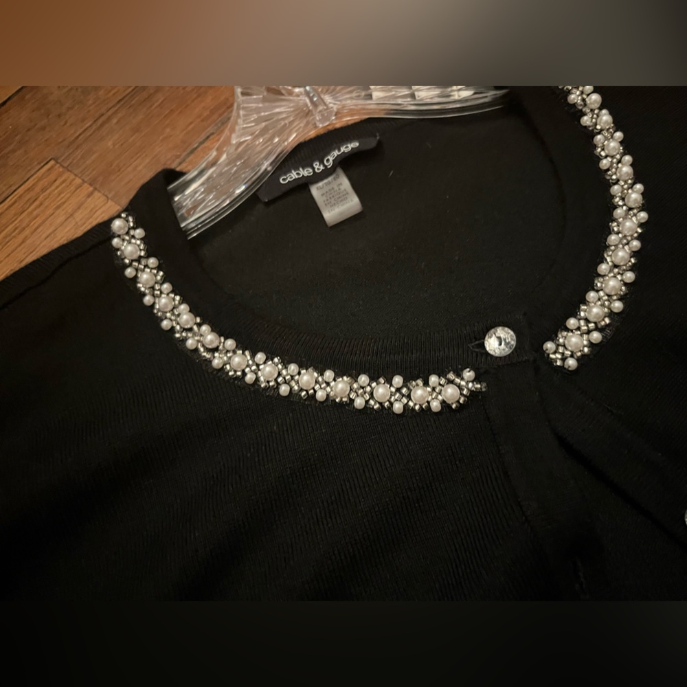Womens Cable & Gauge Black Cardigan Sweater XL Beaded Neckline 3/4 sleeve wow! - Picture 5 of 11